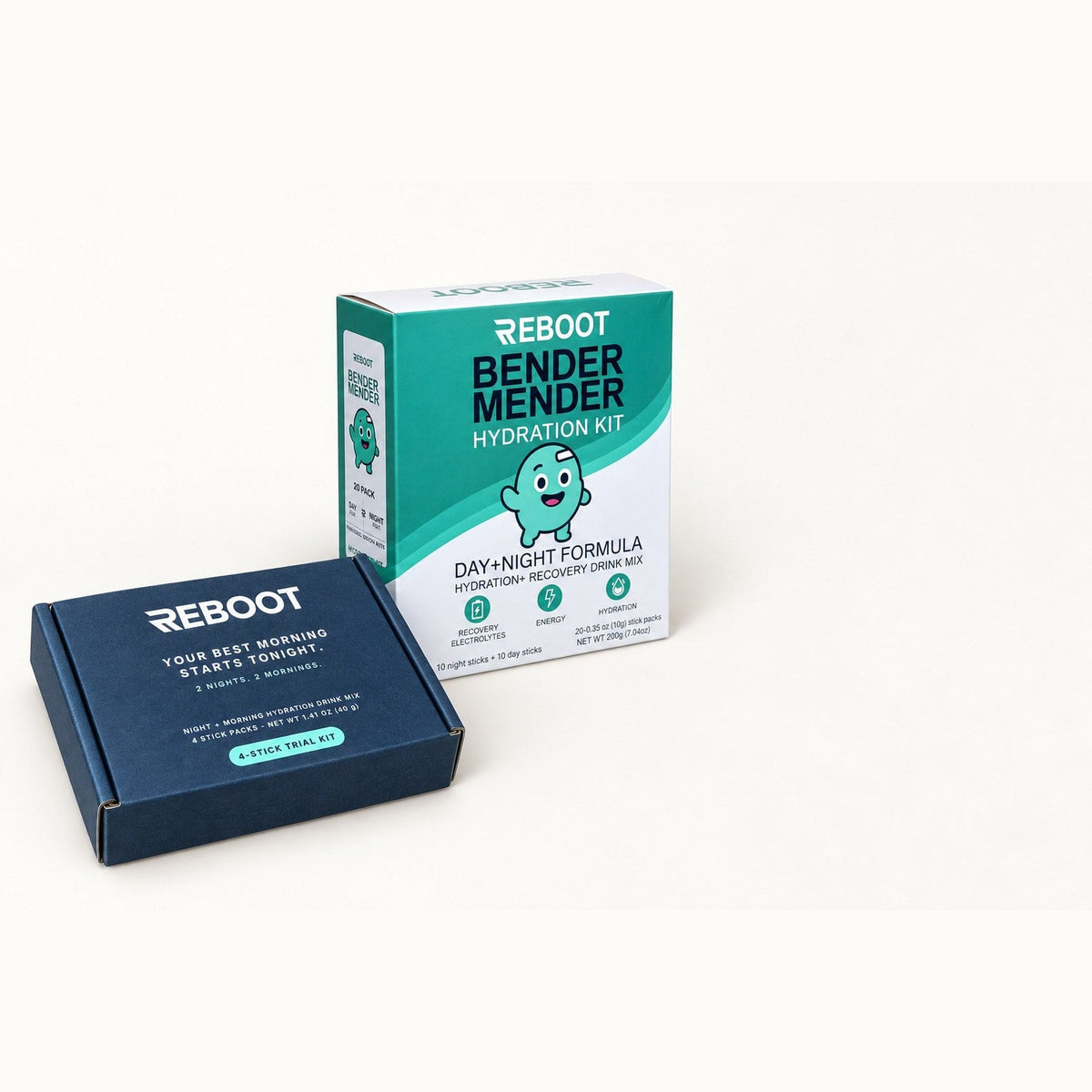 Reboot Trial Pack box next to the full Night + Day Hydration Kit box for size comparison
