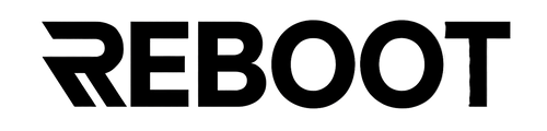 Black 'REBOOT' logo on a white background with a subtle pattern