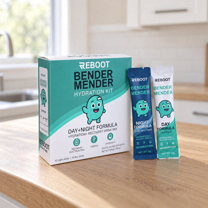 Reboot kit on a kitchen counter next to a glass of water