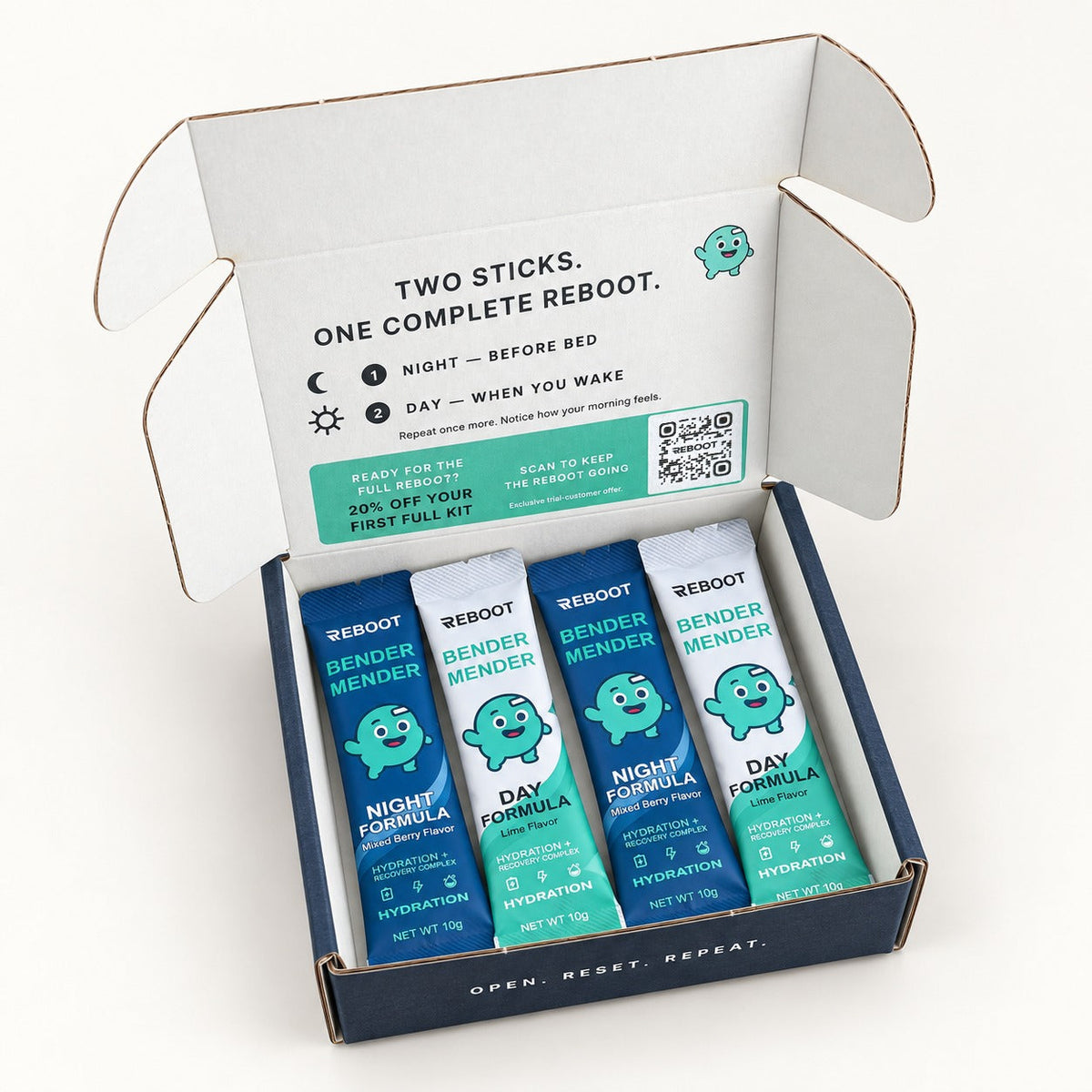 Open Reboot Trial Pack showing the four sticks inside